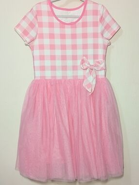 Taylor Joelle Pink Gingham Barbie Tutu Dress w/ Bow + Heart Cutout Girls Size 12